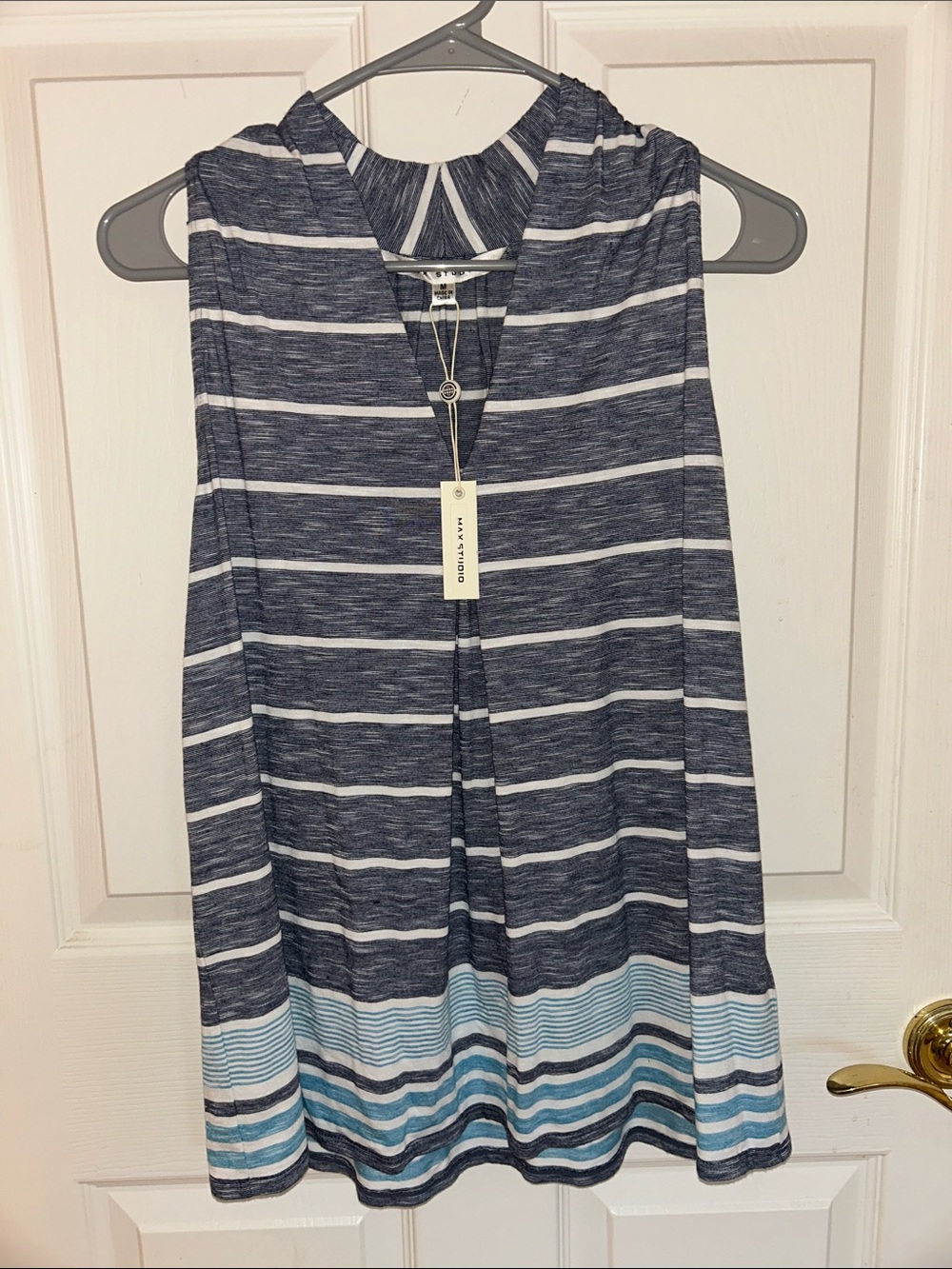 Max Studio Navy & White Striped Sleeveless Hooded Tank with Aqua Accent